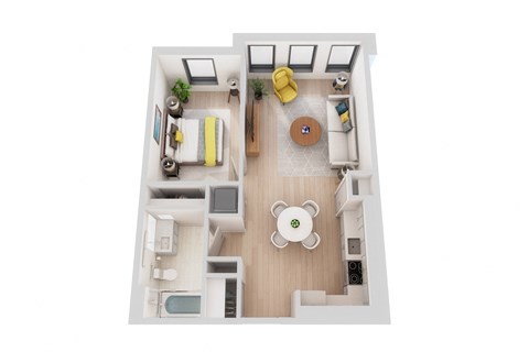 Floor plan for 1 bed, 1 bath, 672 sqft